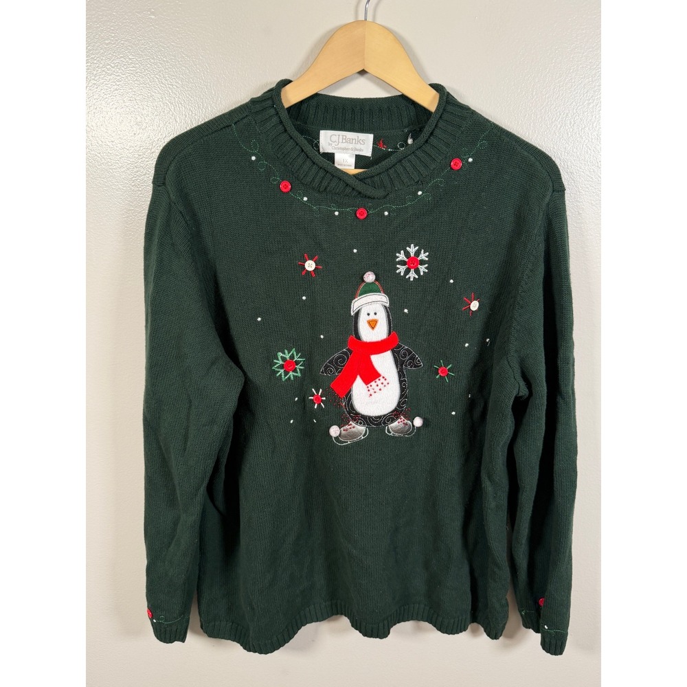 CJ Banks Penguin Sweater 1X Green Ugly Christmas Embroidered Holiday Knit Granny